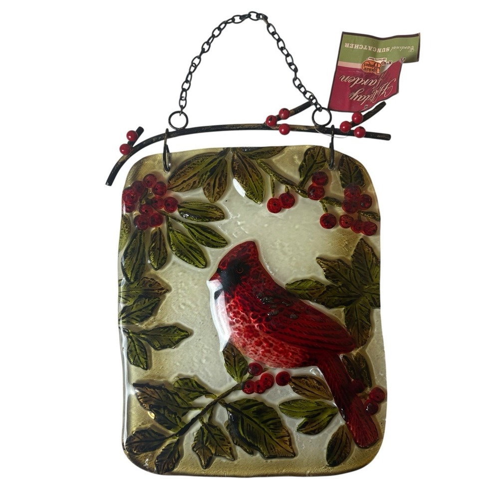 Cardinal Red Bird Stained Glass Window Sun Catcher Flowers Plaque Wall Hanging